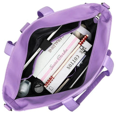 Purple bag with cosmetic products including a bottle and a tube.