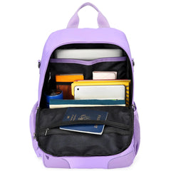 Purple backpack with compartments filled with books and items on a white background
