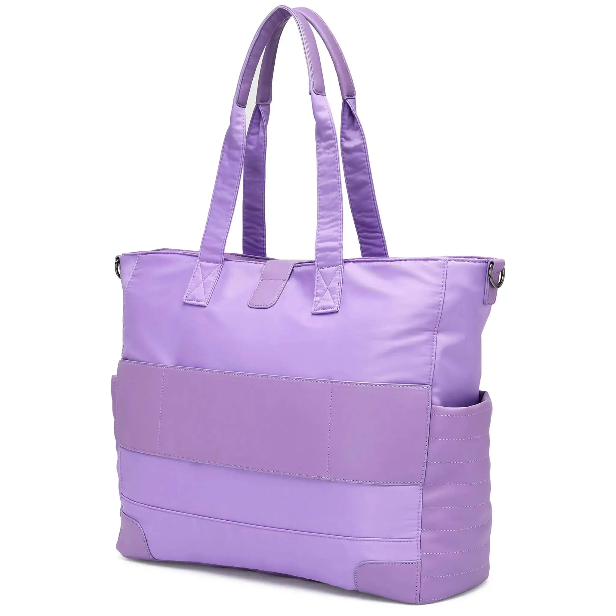Purple tote bag with multiple compartments on a white background