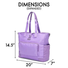 Purple tote bag with dimensions labeled on a white background