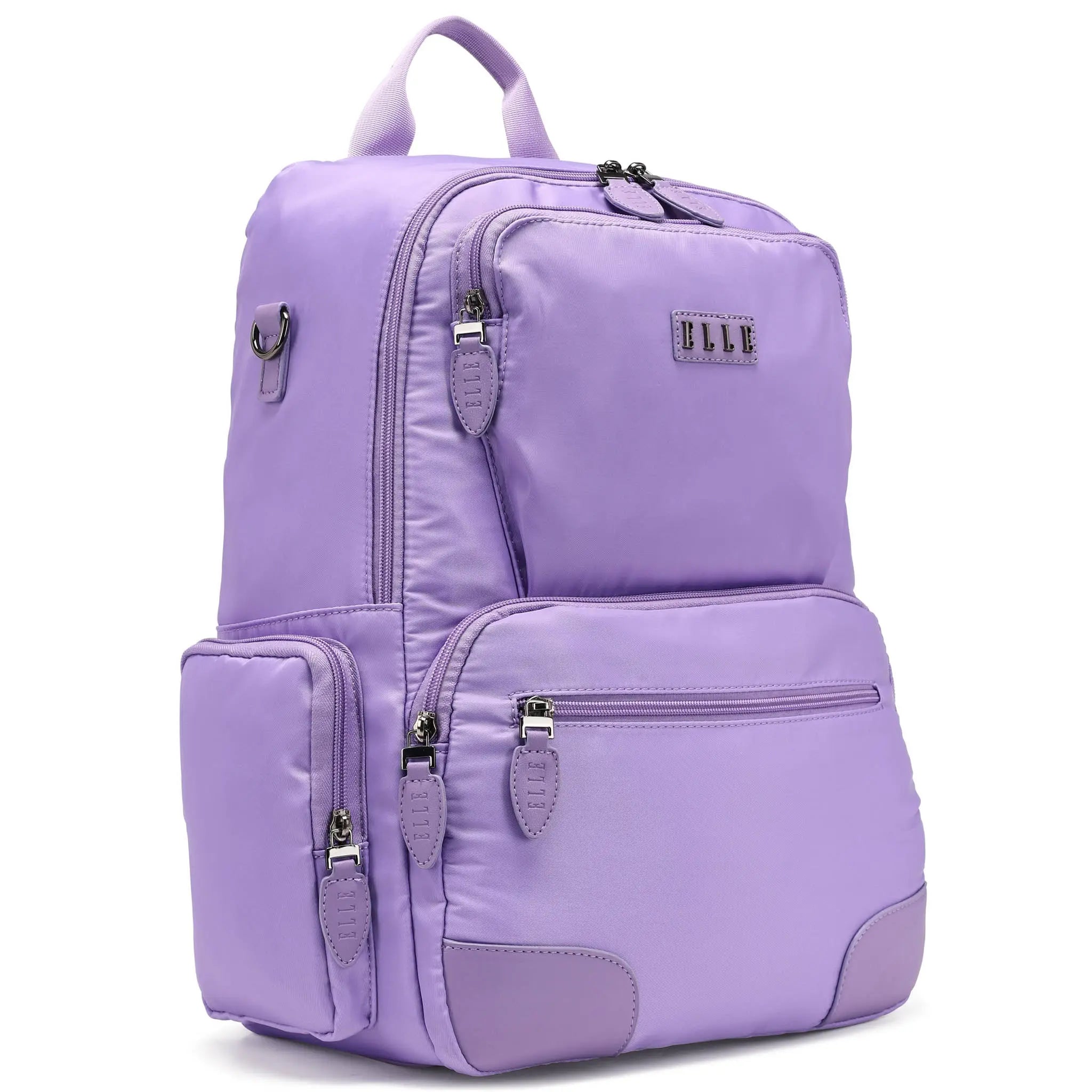 Purple backpack with multiple zippers on a white background