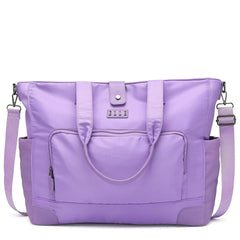 Purple tote bag with shoulder strap on a white background