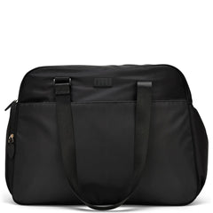 Black duffel bag with a visible brand logo on a white background