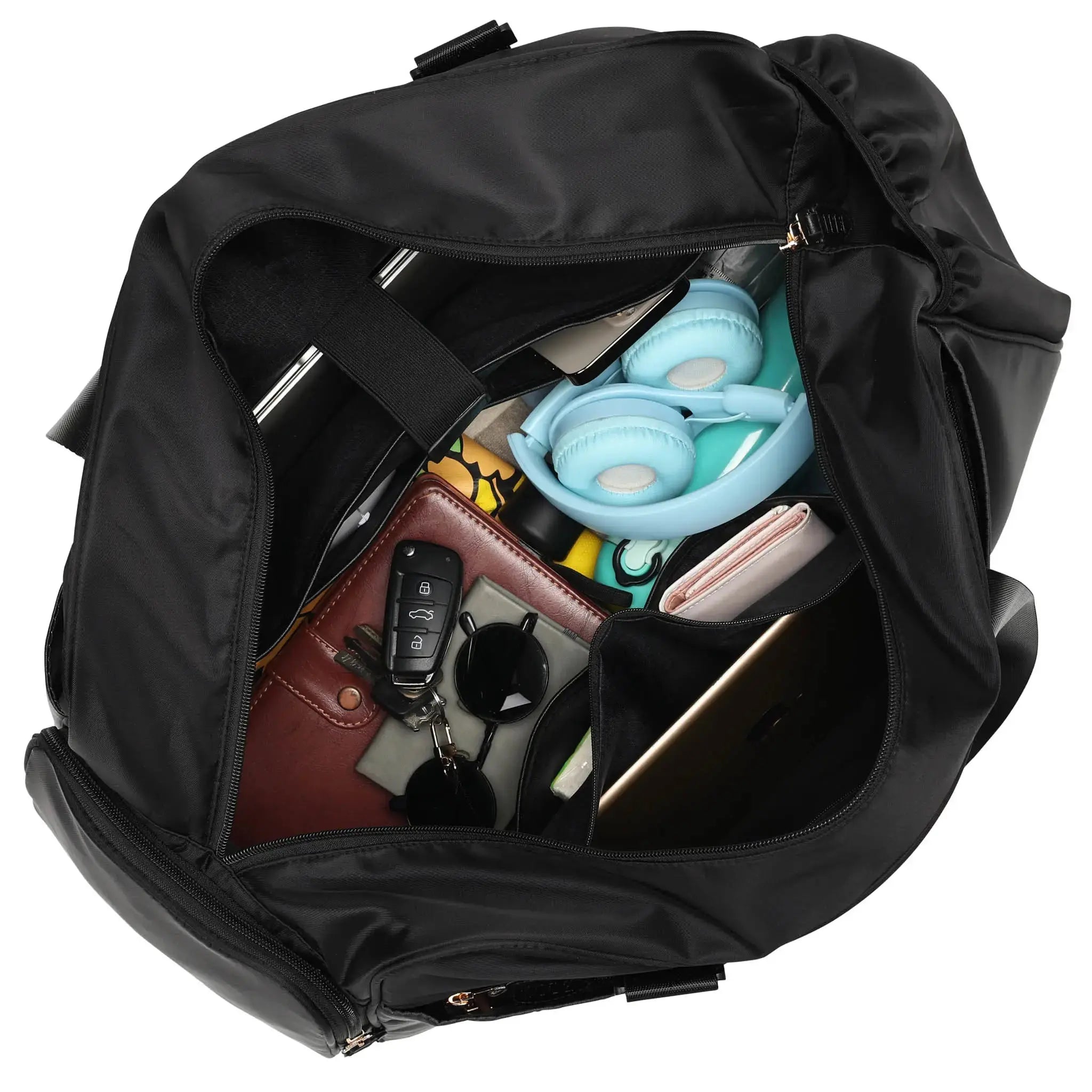 Black backpack with various items including a phone, wallet, and keys on a white background