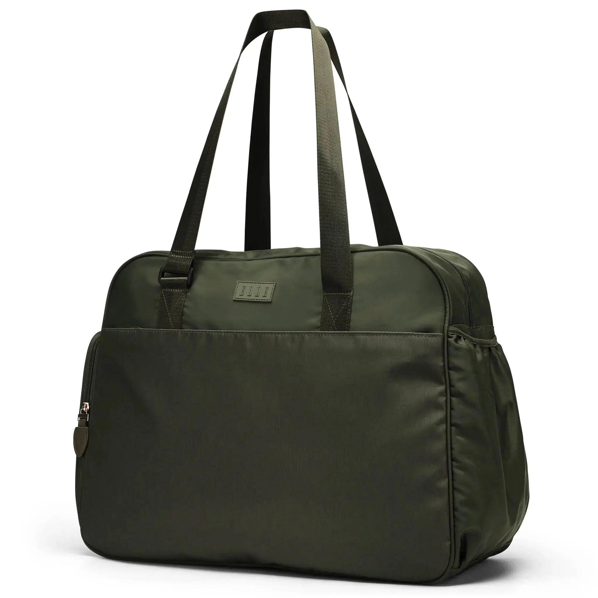 Green duffel bag with a visible brand logo on a white background
