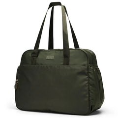 Green duffel bag with a visible brand logo on a white background