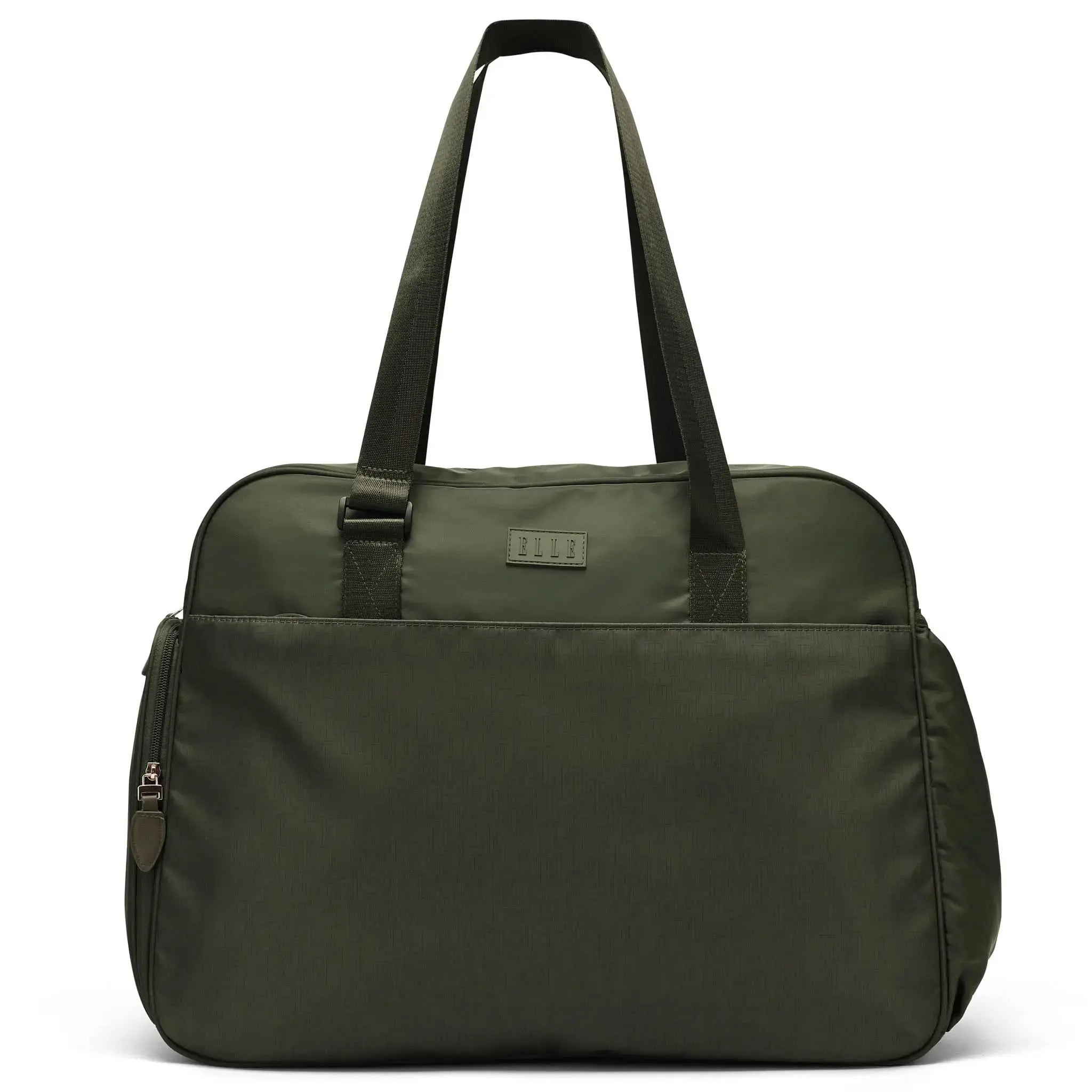 Green duffel bag with a visible brand logo on a white background