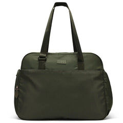 Green duffel bag with a visible brand logo on a white background