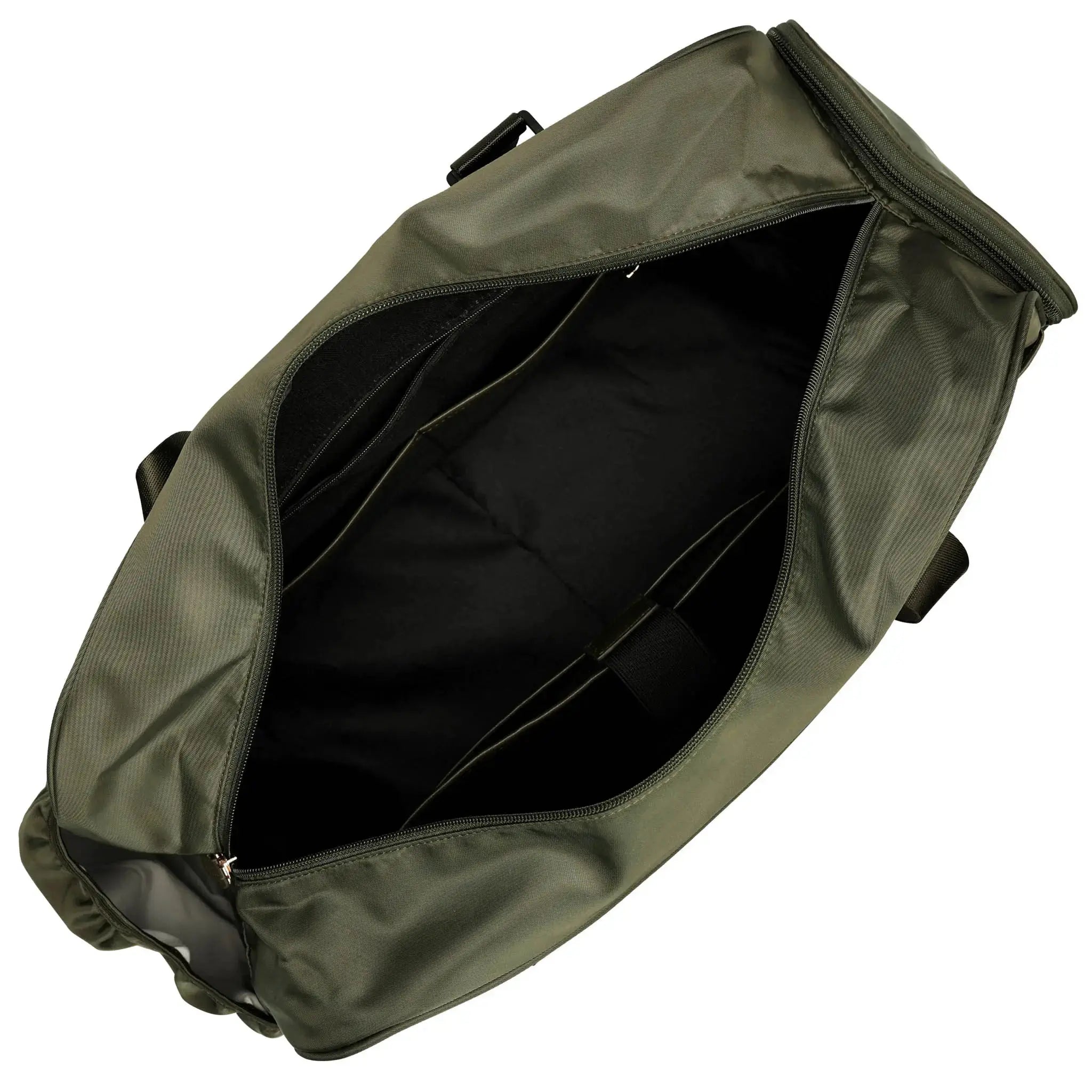 Green duffel bag with open top on a white background