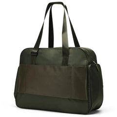 Green duffel bag with a brown patch on a white background