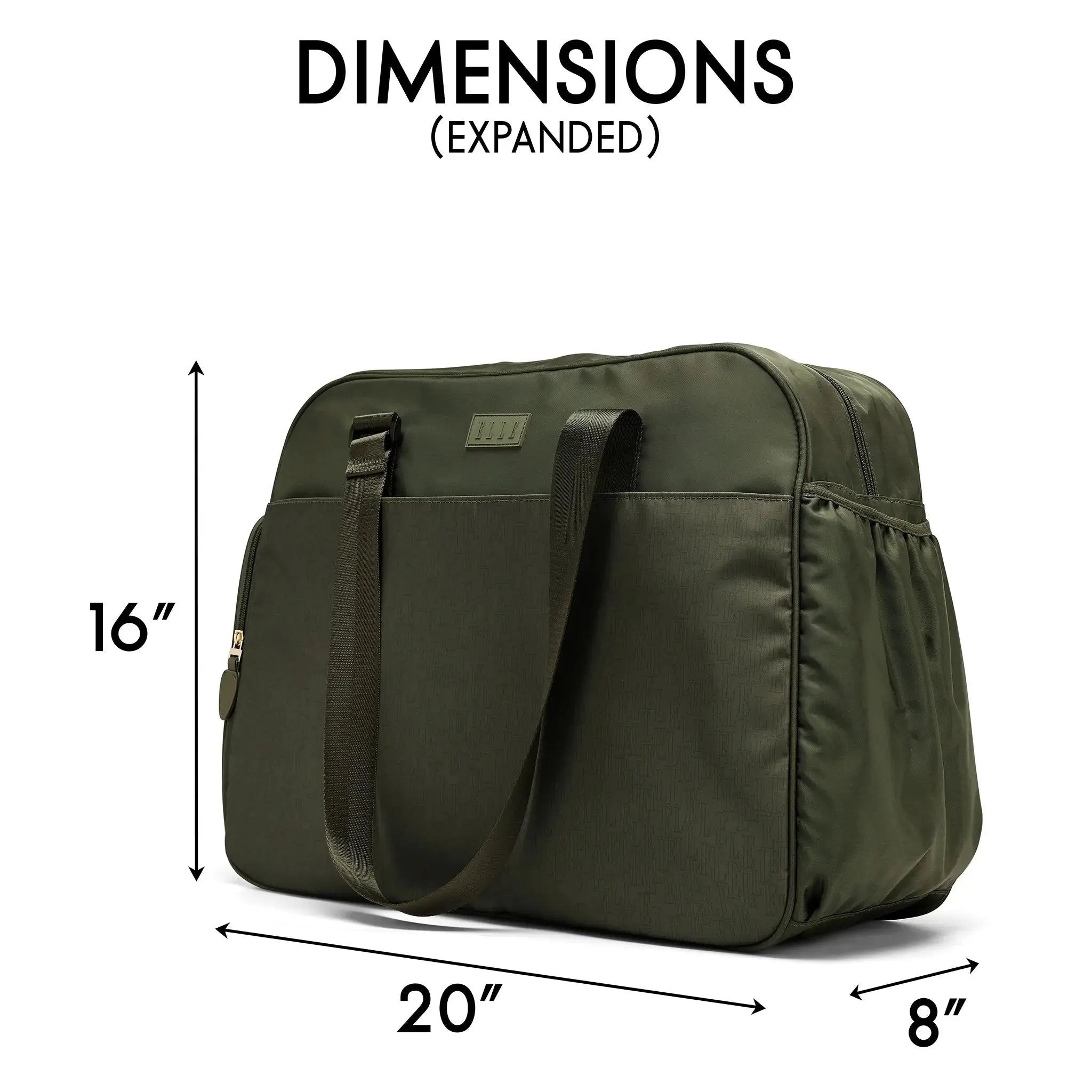 Green bag with dimensions labeled on a white background