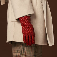 Emilia (red) - Classic Italian lambskin leather gloves with cashmere lining and checkered pattern