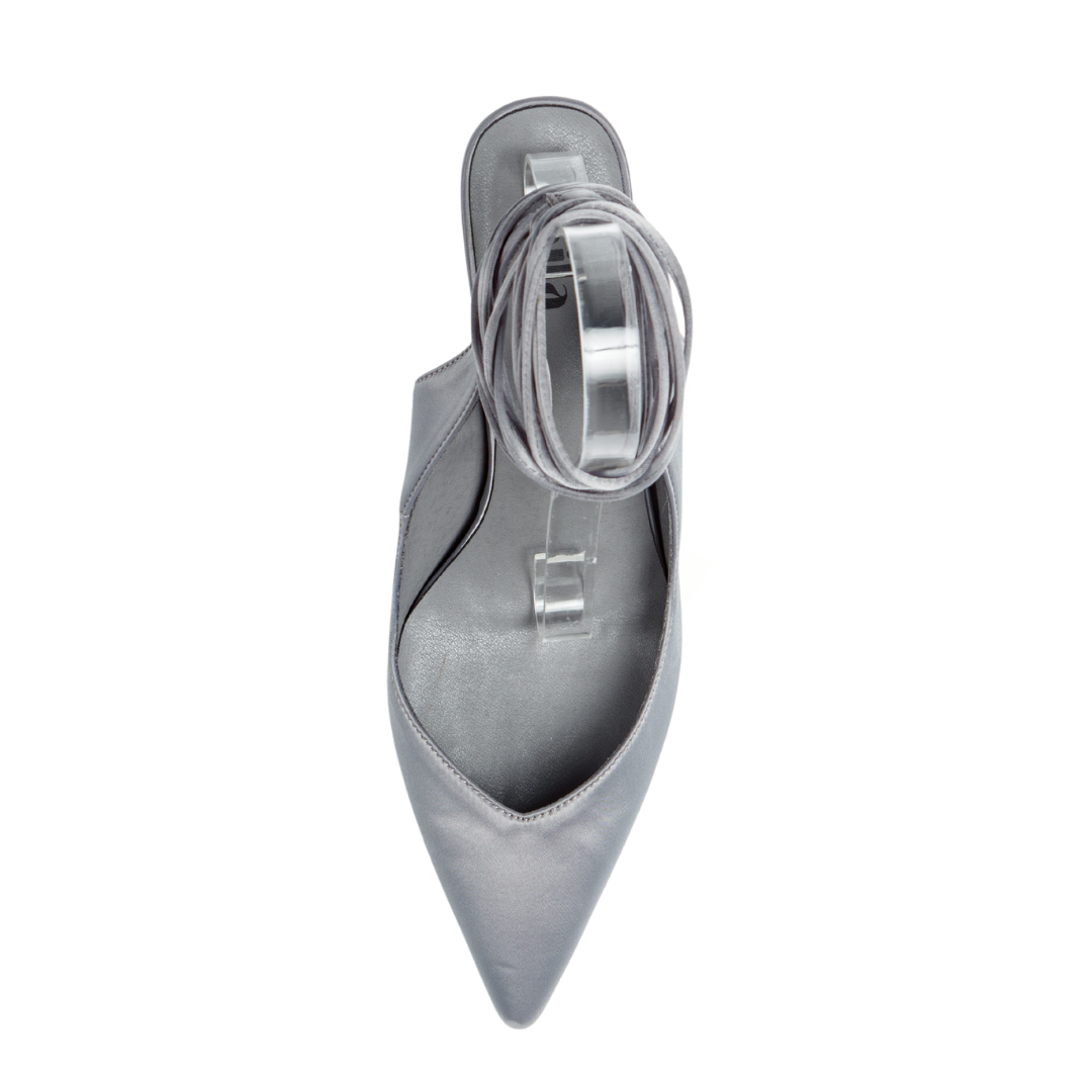 Silver pointed-toe shoe with clear strap on a white background