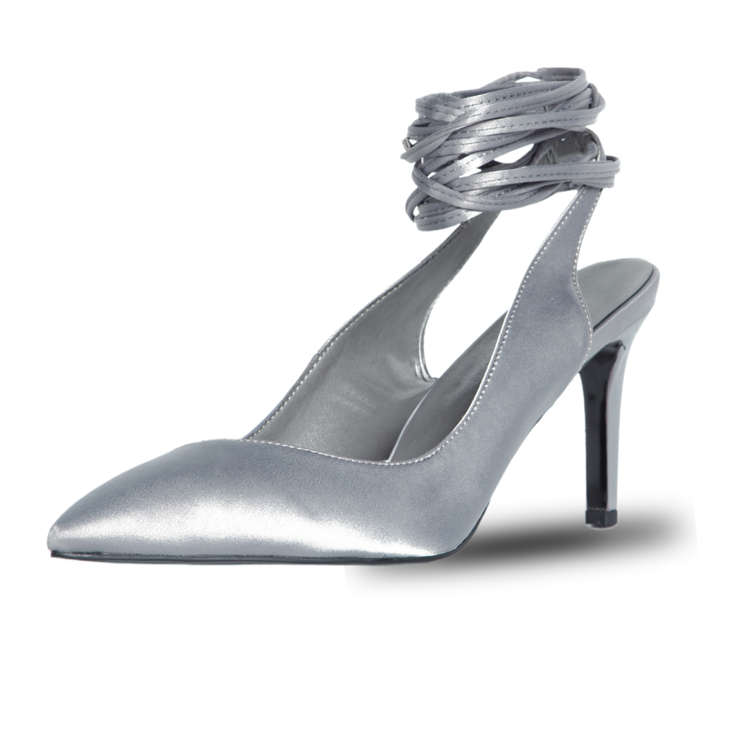 Silver high-heeled shoe with ruched ankle strap on a white background