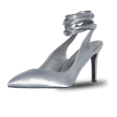 Silver high-heeled shoe with ruched ankle strap on a white background
