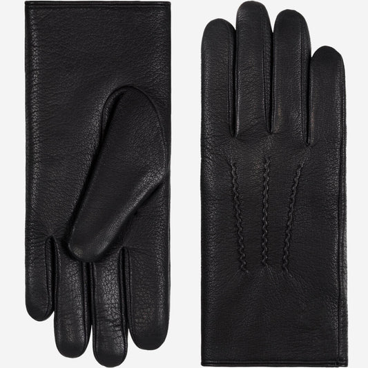 A pair of black leather gloves shown flat against a light gray background, with one glove displaying the palm side and the other showing the back with decorative stitching.