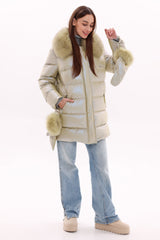 Genuine Fox Fur Down Coat with Fur Trim Mittens