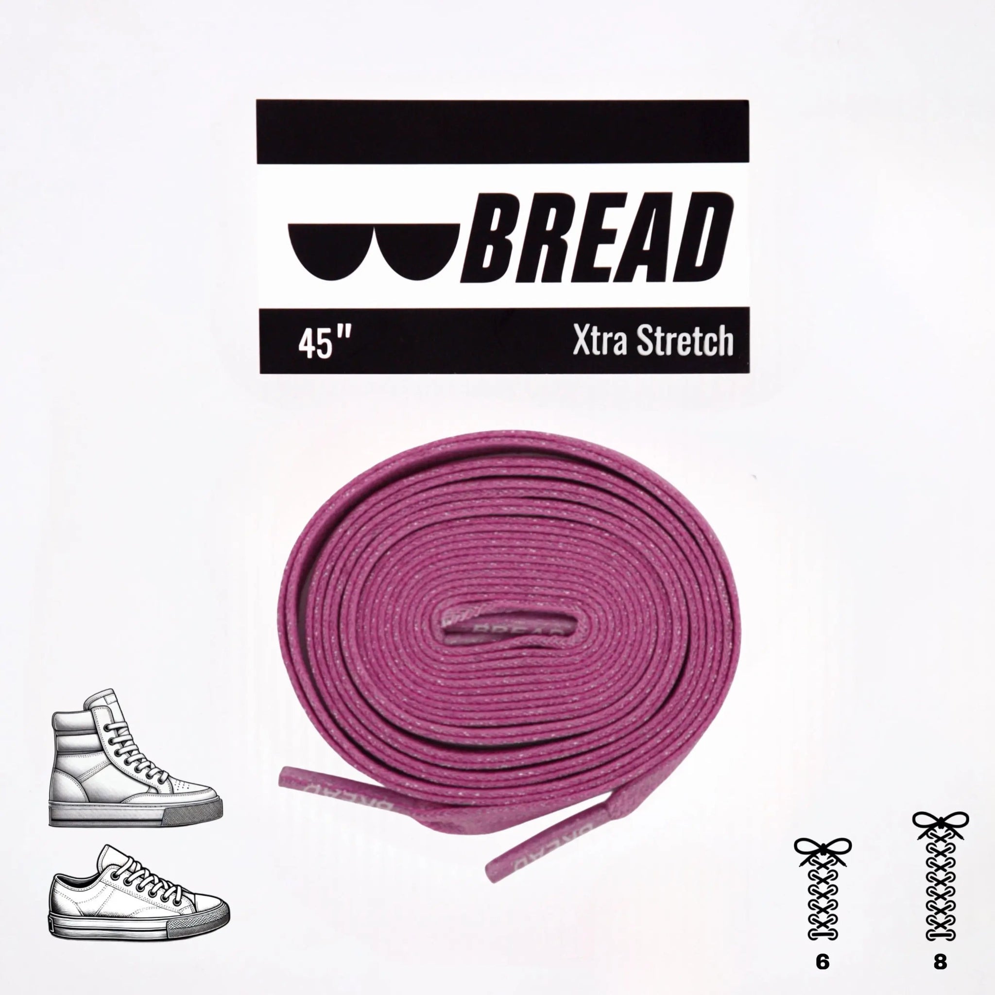 Purple shoelaces with 'BREAD' branding on a white background
