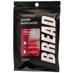 Packaged shoelaces with 'BREAD' branding on a black background