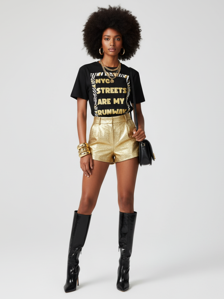 Person wearing a black t-shirt with text, gold shorts, and black knee-high boots on a white background