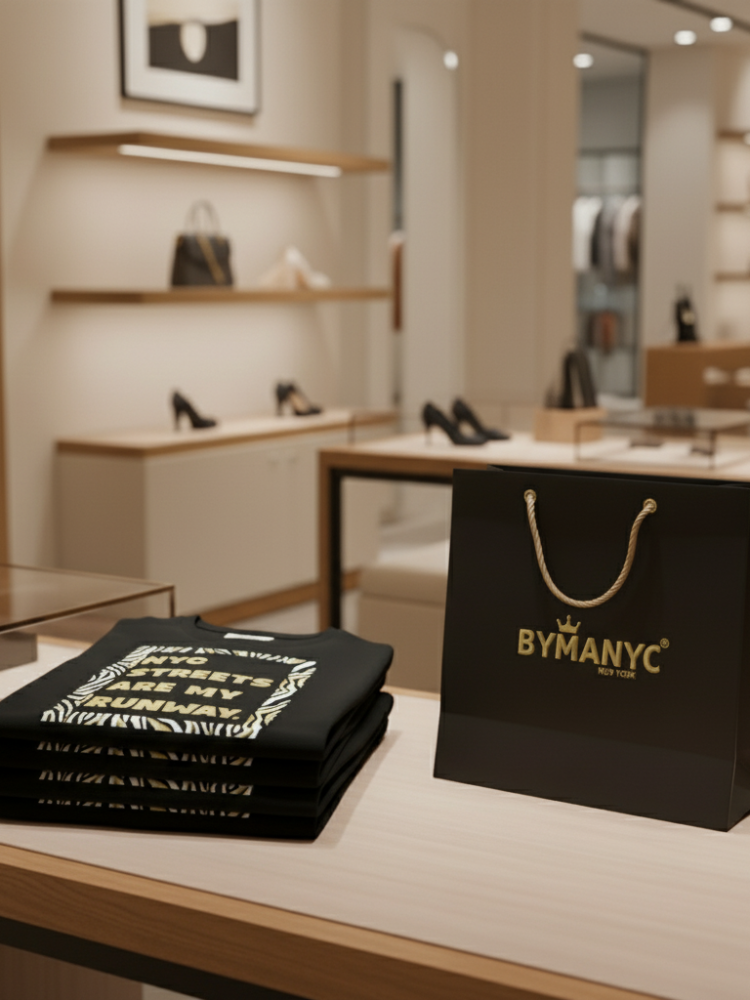 Black clothing with gold text and a black 'BYPNYC' bag on a table in a store setting.