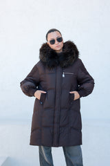 Dakota Genuine Fur Trim Down Fill Coat in Chocolate