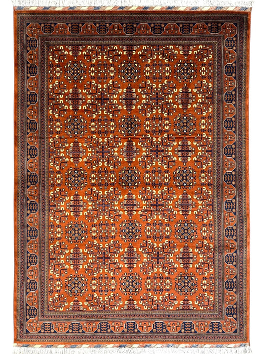 Hand-Knotted Afghani Bukharayi Rug | 6'7" x 10' Wool Area Carpet – Traditional Geometric Design Rugistan