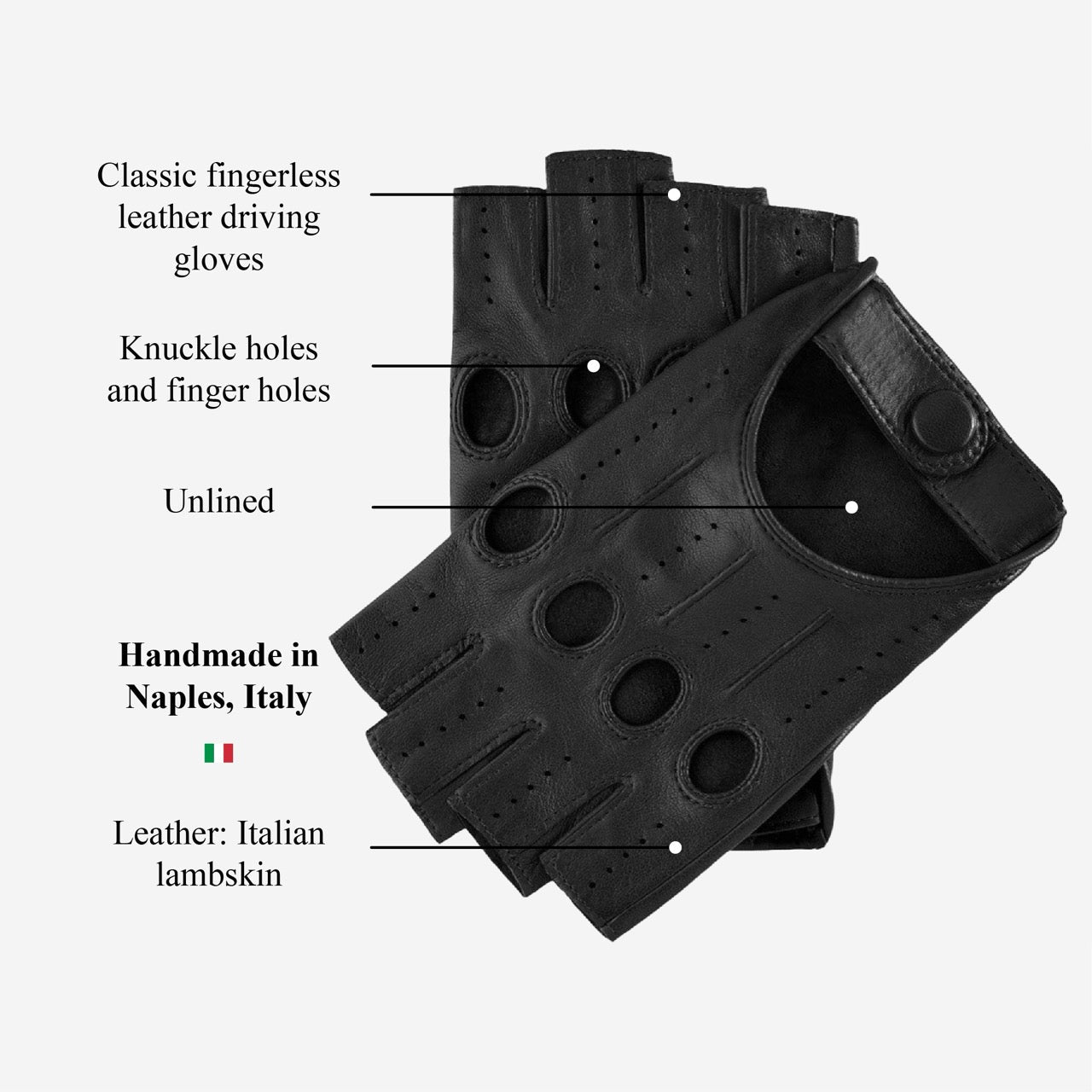 Rossana (black) - Italian fingerless lambskin leather driving gloves - product features overview
