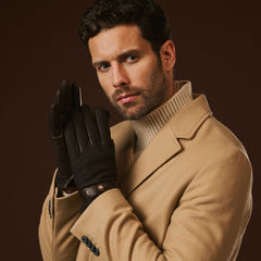 Fabrizio (dark brown) - Italian tweed men’s gloves with touchscreen capability and adjustable snap button