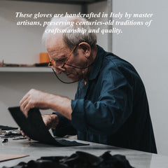 Man working on leather goods with text about handmade gloves from Italy