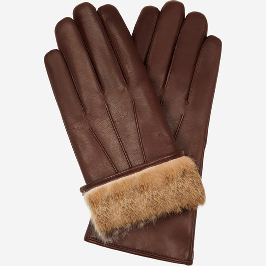 Pair of brown leather gloves with fur cuff on a white background
