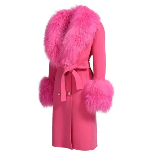 Wool Cashmere Coat with Mongolian Fur Collar | Women's Luxury