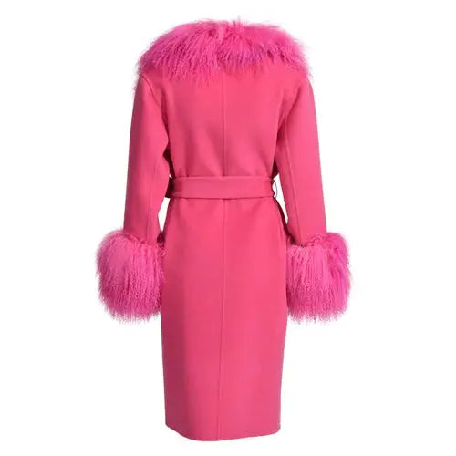 Wool Cashmere Coat with Mongolian Fur Collar | Women's Luxury