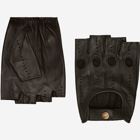 Pair of black leather gloves with fingerless design on a white background