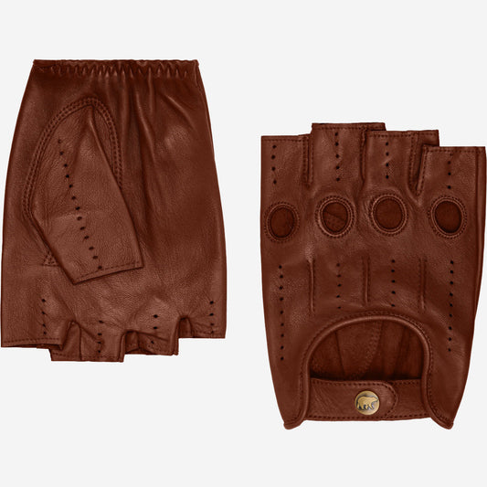 Brown leather gloves with fingerless design on a white background