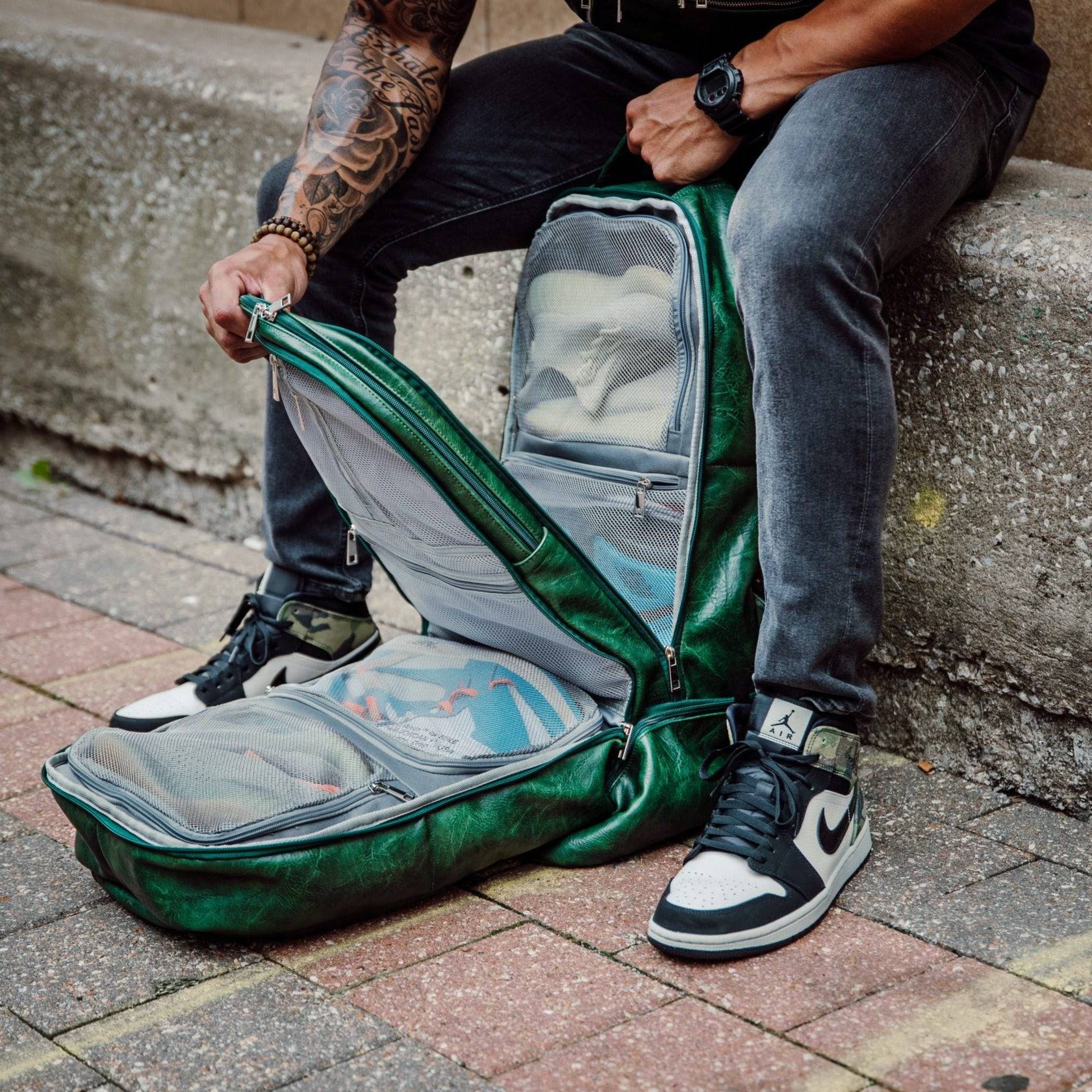Emerald Green Leather Carry-On Patented Backpack Sole Premise