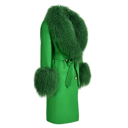 Wool Cashmere Coat with Mongolian Fur Collar | Women's Luxury