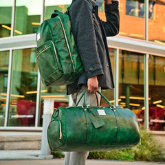 Emerald Green Leather 2 Bag Set (Commuter Backpack and Duffle) Sole Premise