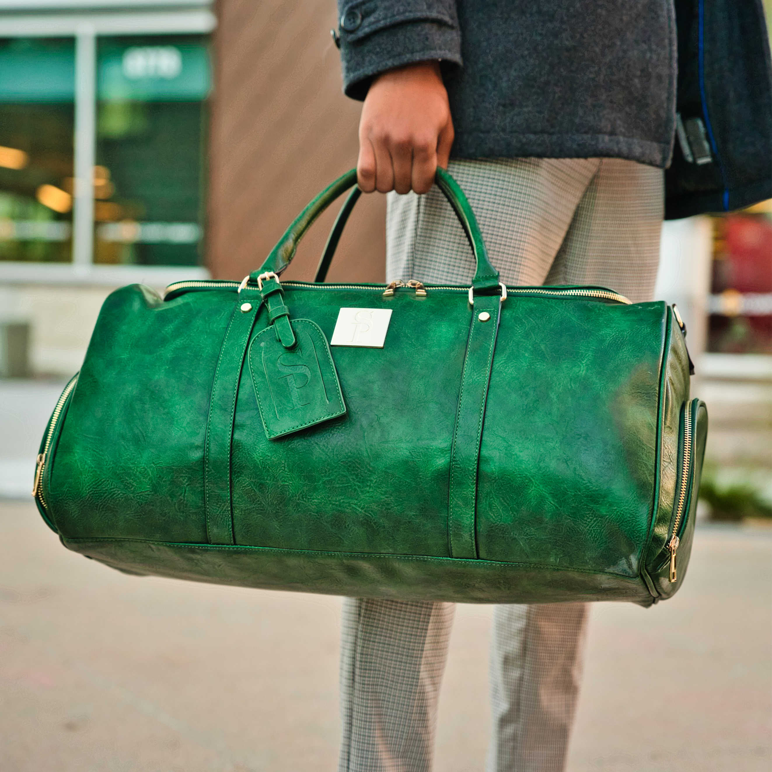 Emerald Green Leather Weekender Duffle Bag Sole Premise