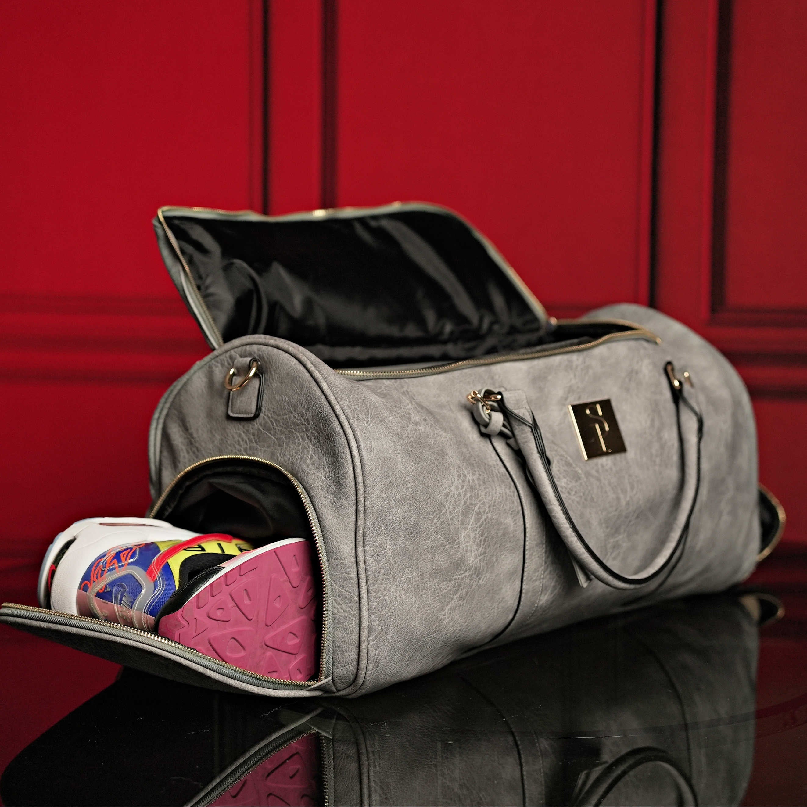 Grey Tumbled Leather Weekender Duffle Bag Sole Premise