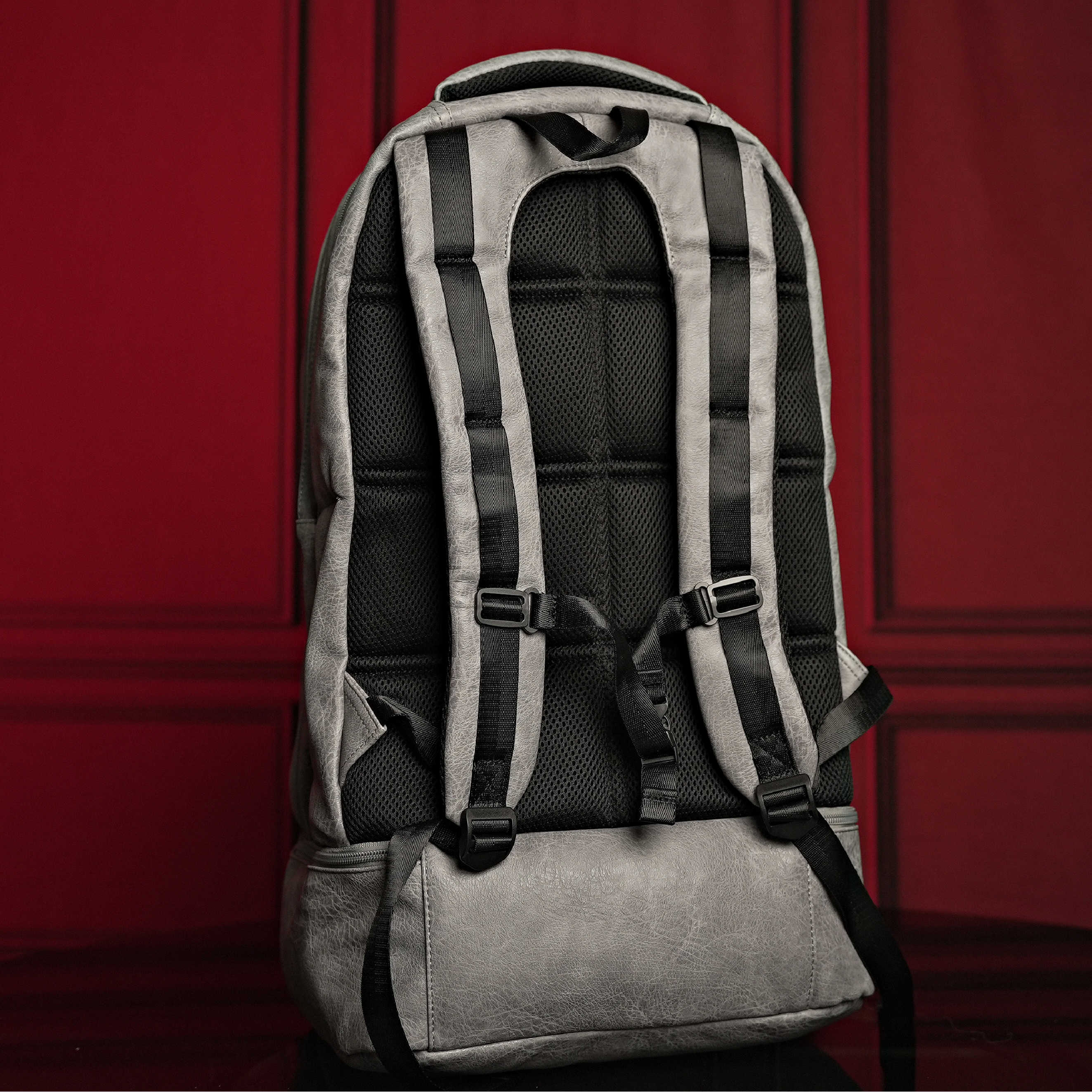 Grey Leather Carry-On Patented Backpack Sole Premise