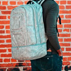 Grey Leather Carry-On Patented Backpack Sole Premise
