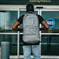 Grey Leather Carry-On Patented Backpack Sole Premise