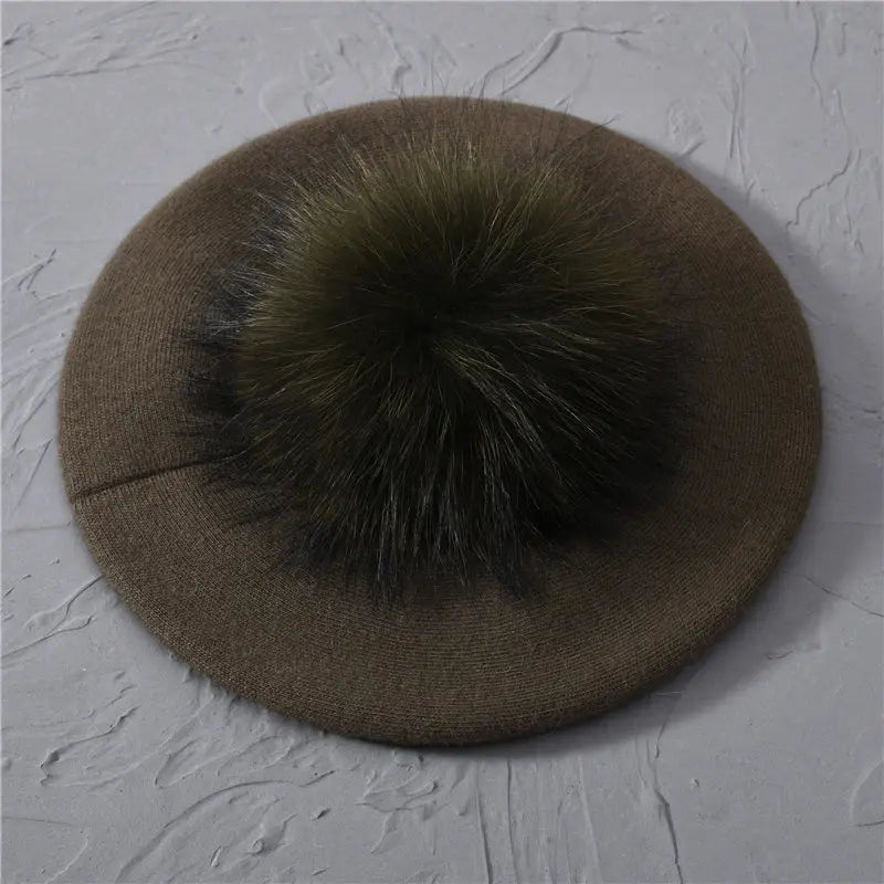 Winter Women's Knitted Wool Beret with Natural Raccoon Fur Pom-Pom Family Shopolf