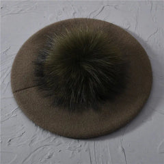 Winter Women's Knitted Wool Beret with Natural Raccoon Fur Pom-Pom Family Shopolf