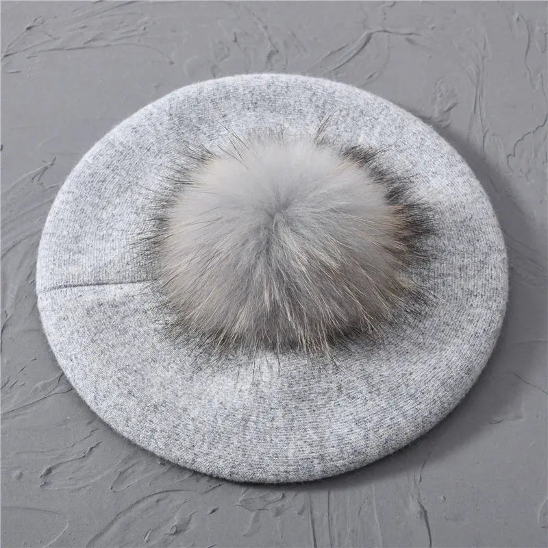 Winter Women's Knitted Wool Beret with Natural Raccoon Fur Pom-Pom Family Shopolf