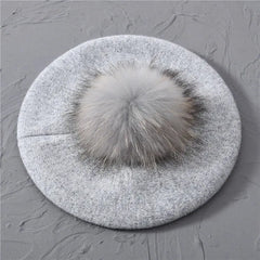 Winter Women's Knitted Wool Beret with Natural Raccoon Fur Pom-Pom Family Shopolf