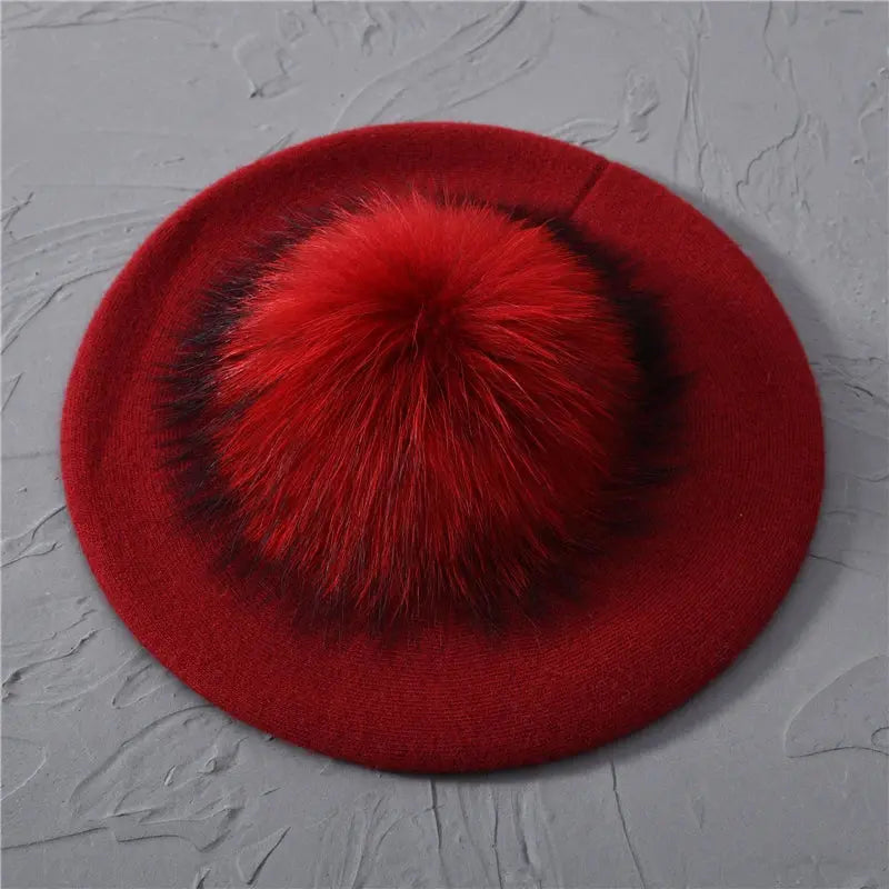 Winter Women's Knitted Wool Beret with Natural Raccoon Fur Pom-Pom Family Shopolf