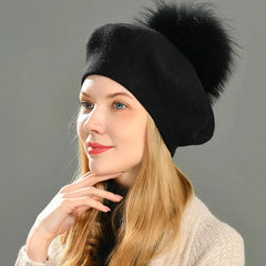 Winter Women's Knitted Wool Beret with Natural Raccoon Fur Pom-Pom Family Shopolf