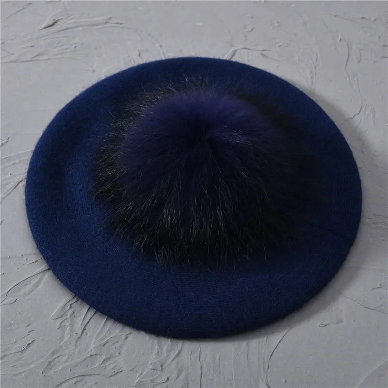 Winter Women's Knitted Wool Beret with Natural Raccoon Fur Pom-Pom Family Shopolf
